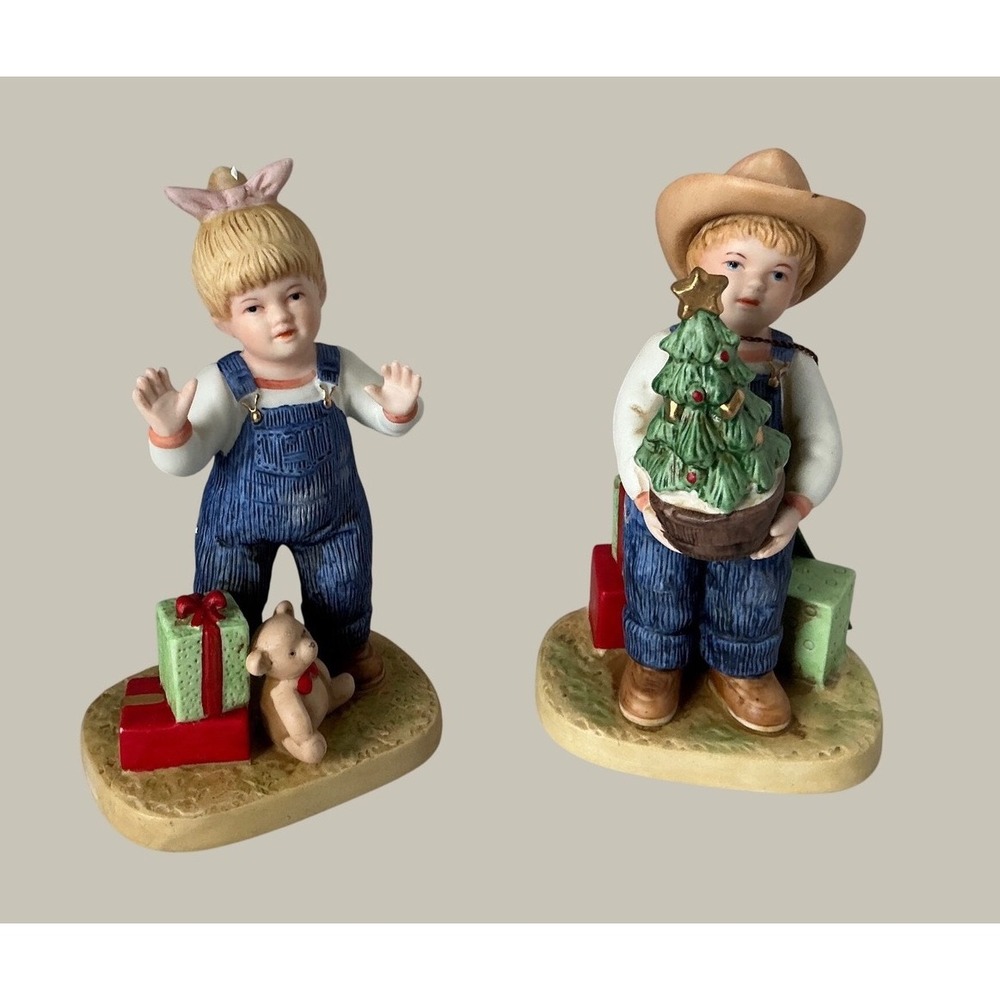 Homco Vintage Denim Days Christmas Surprise Figurine Set 1523 Porcelain NWT